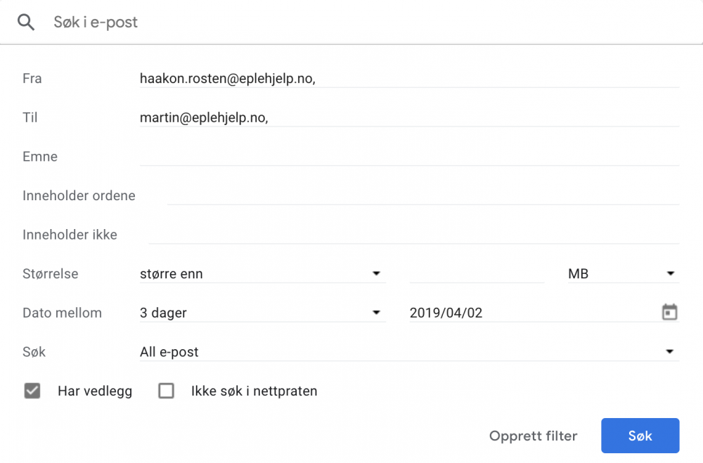 Avansert søk i gmail
